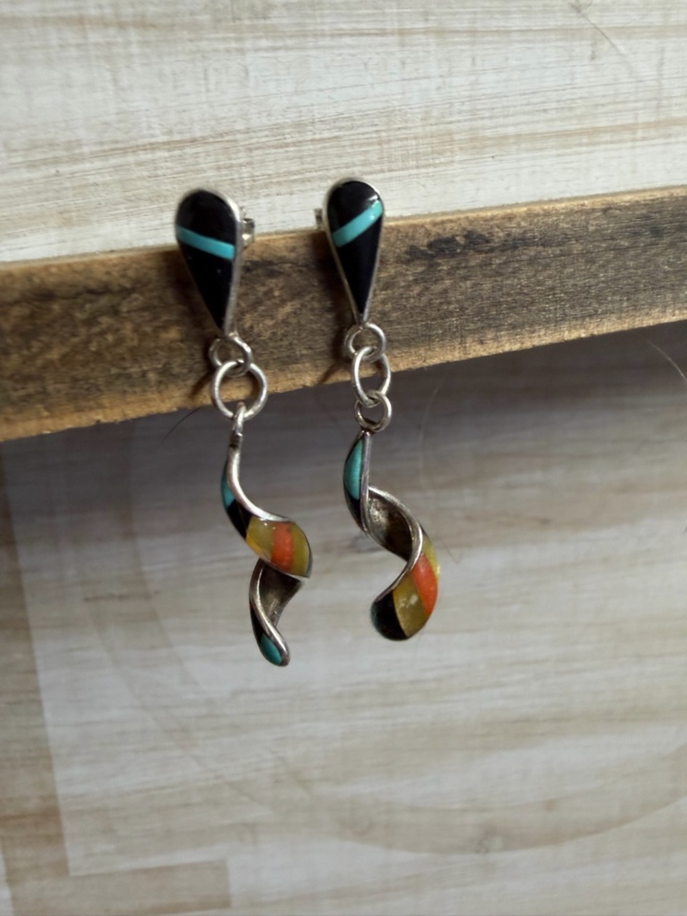 Sterling Silver Multicolor Twist Drop Earrings - Turquoise, Orange, Yellow Inlay